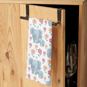 Elephant mother, baby flowers pattern Mother's Tea Towel