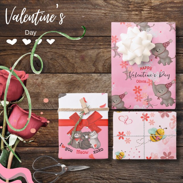 Elephant Mouse, Cats, Bee Pink Wrapping Paper  (Elephant Mouse, Cats, Bee Pink Wrapping Paper)