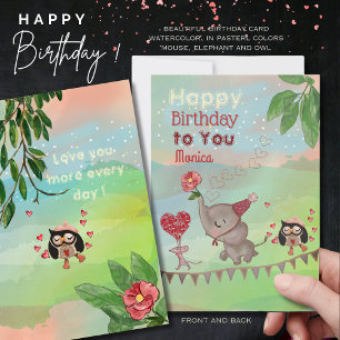 Elephant, Mouse &owl illustration  Birthday Card
