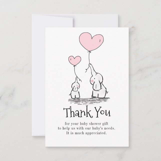 Elephant Mummy and Baby With Balloons Baby Shower  Thank You Card (Front)