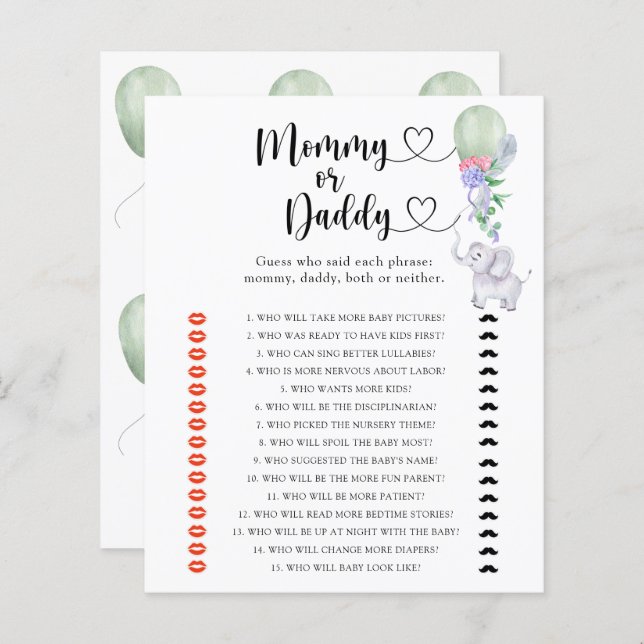 Elephant - mummy or daddy baby shower game (Front/Back)