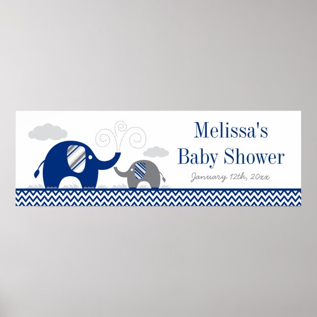 Elephant Navy Blue Grey Baby Shower Banner Poster (Front)