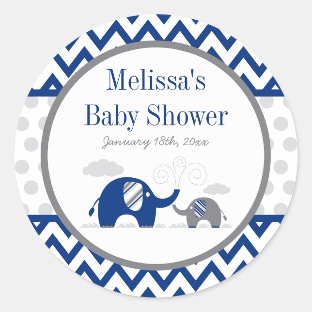 Elephant Navy Blue Grey Baby Shower Classic Round Sticker (Front)