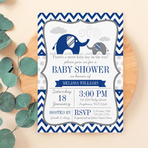 Elephant Navy Blue Grey Baby Shower Invitation