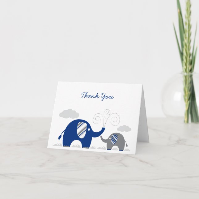 Elephant Navy Blue Grey Baby Shower Thank You Card (Front)