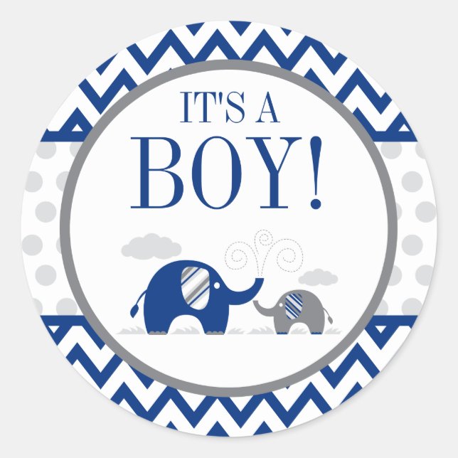 Elephant Navy Blue Grey Boy Baby Shower Classic Round Sticker (Front)