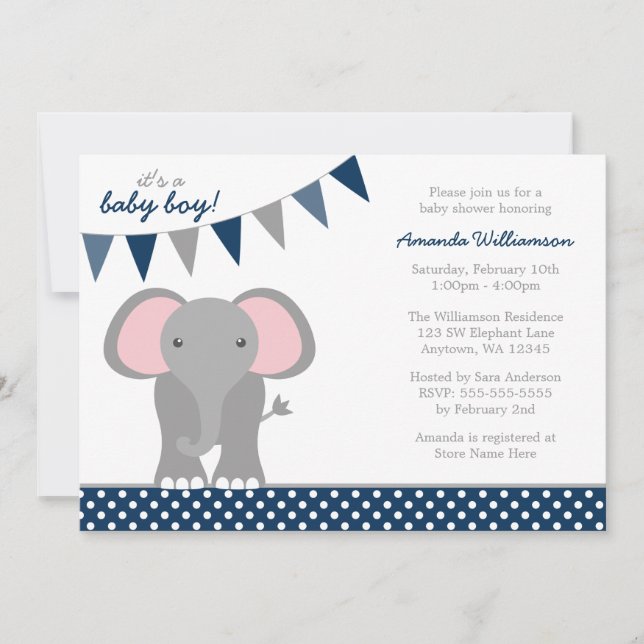 Elephant Navy Polka Dot Banner Boy Baby Shower Invitation (Front)