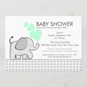 Elephant Neutral Mint and Grey Gingham Baby Shower Invitation