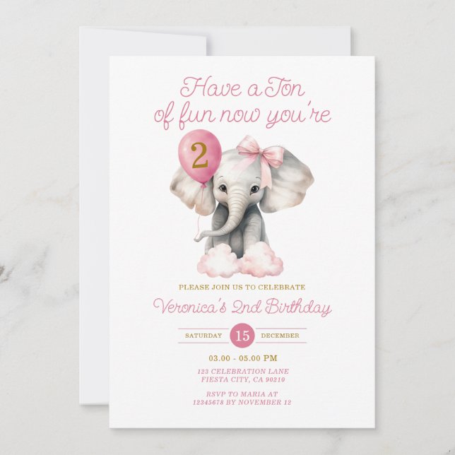 Elephant Now Your 2nd Birthday Balloon Bow tie Invitation (Front)