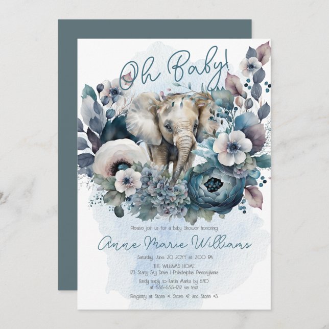 Elephant Oh Baby Blue Floral Baby Shower Invitation (Front/Back)