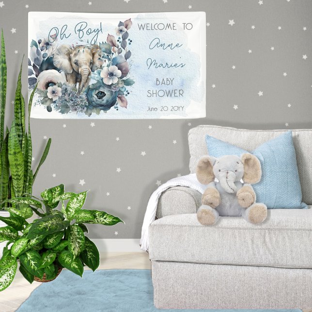 Elephant Oh Boy Blue Floral Baby Shower Banner (Creator Uploaded)