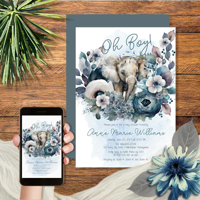 Elephant Oh Boy Blue Floral Baby Shower Invitation Zazzle