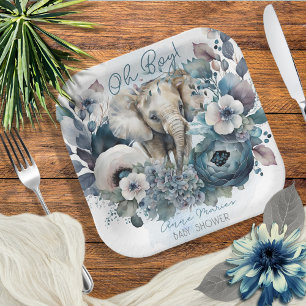Elephant Oh Boy Blue Floral Baby Shower Paper Plate
