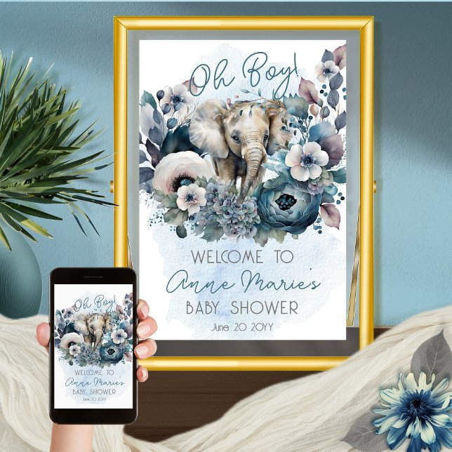 Elephant Oh Boy Blue Floral Baby Shower Poster (Creator Uploaded)