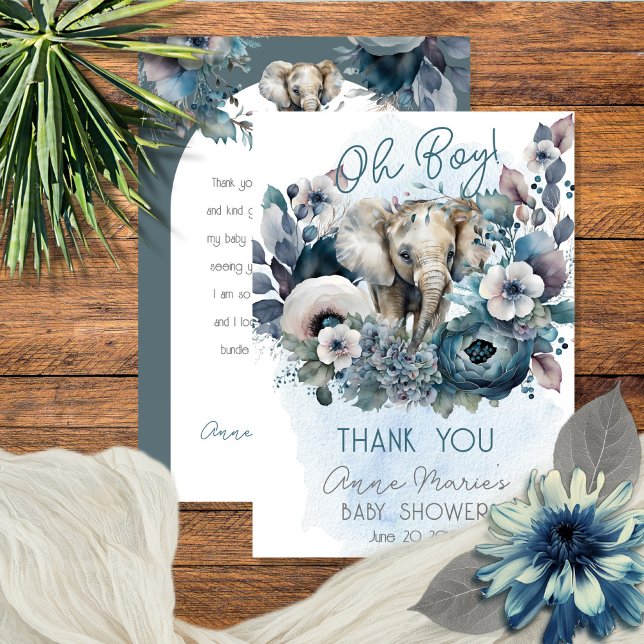 Elephant Oh Boy Blue Floral Baby Shower Thank You Card (Creator Uploaded)