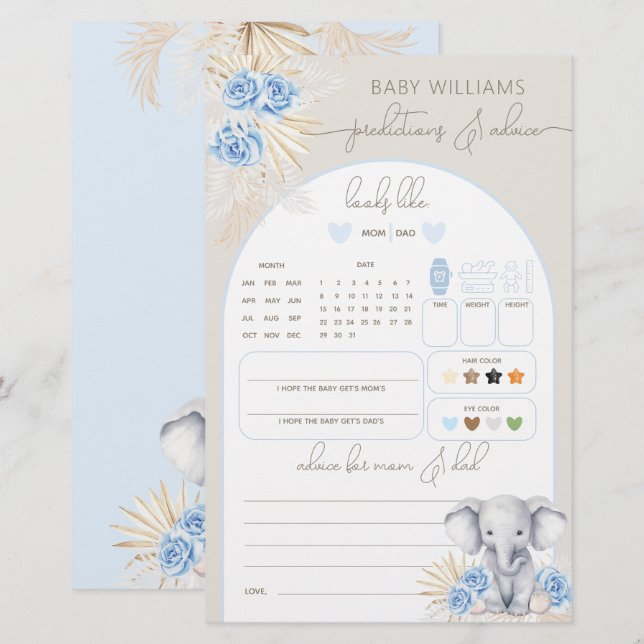 Elephant Oh Boy Safari Baby Shower Prediction Game (Front/Back)