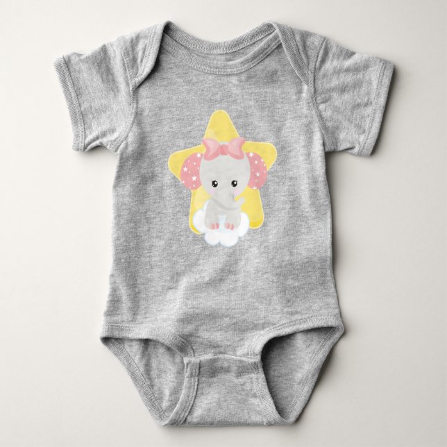 Elephant On A Cloud, Cute Elephant, Stars, Ribbon Baby Bodysuit (Front)