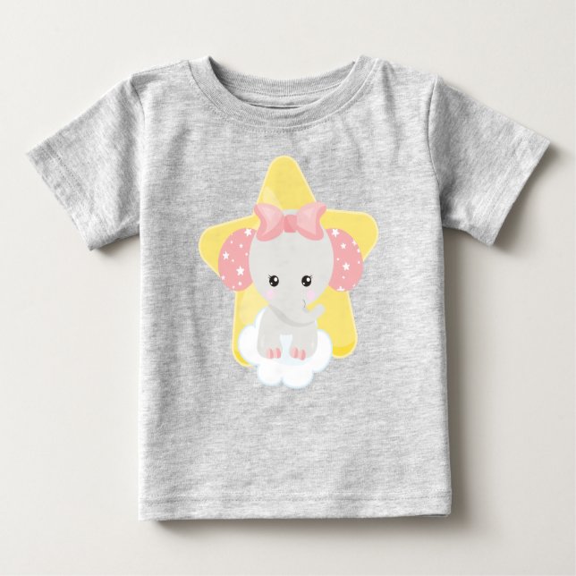 Elephant On A Cloud, Cute Elephant, Stars, Ribbon Baby T-Shirt (Front)