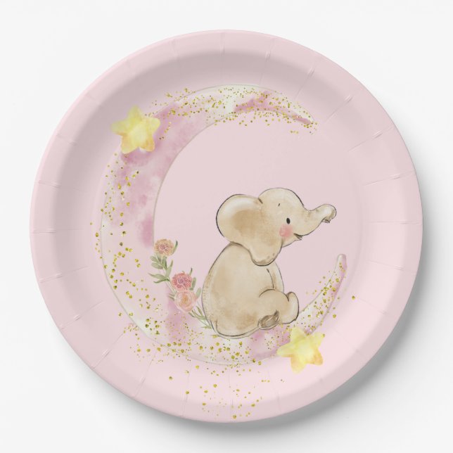 Elephant on a Moon On Pink Paper Plate (Front)
