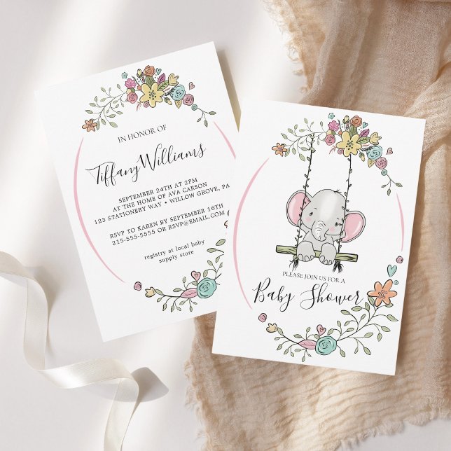 Elephant on a swing Cute Baby Shower Invitation (Creator Uploaded)