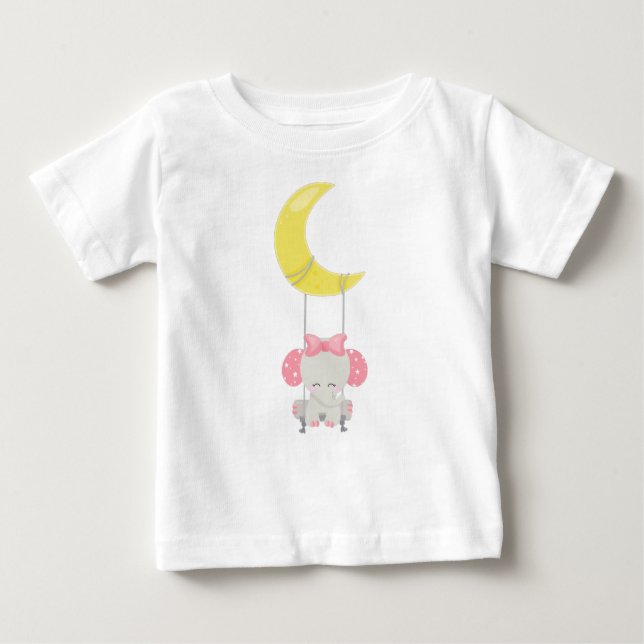 Elephant On A Swing, Cute Elephant, Crown, Moon Baby T-Shirt (Front)