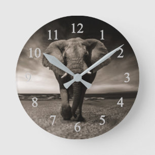 Elephant On Beach Round Clock