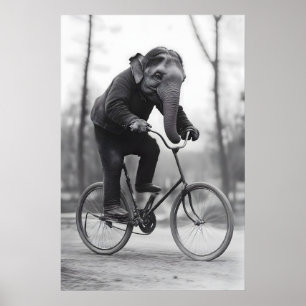 Elephant on Bike Print Funny Animal Photo, Retro