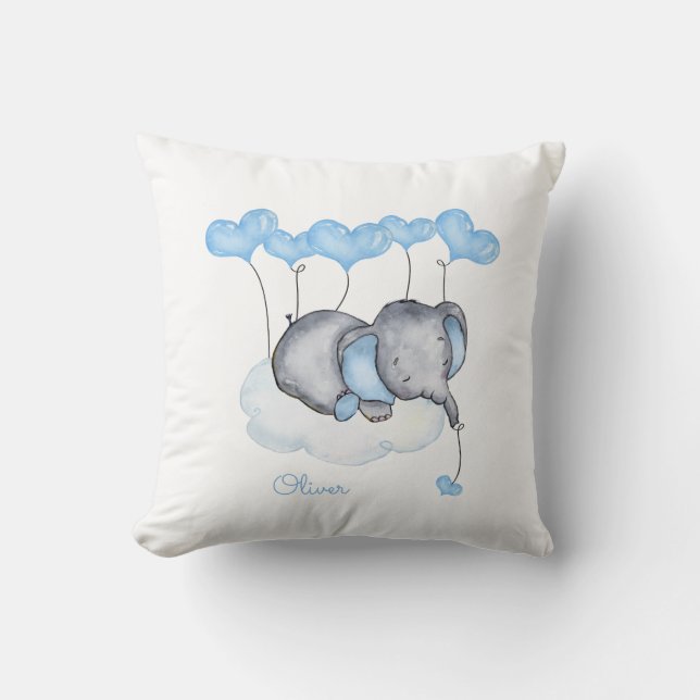 Elephant on Cloud - Grey Blue Baby Boy Nursery Cushion (Front)