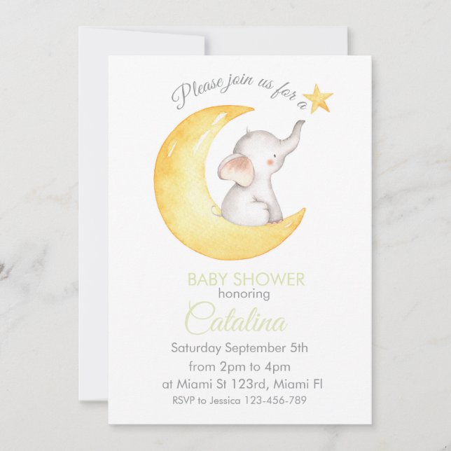Elephant on Moon Baby Shower Invitation (Front)
