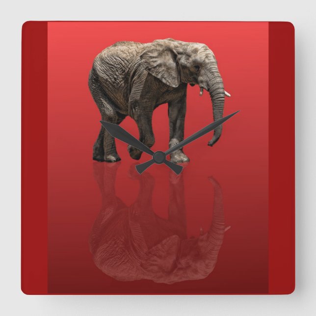 ELEPHANT ON RED SQUARE WALL CLOCK (Front)