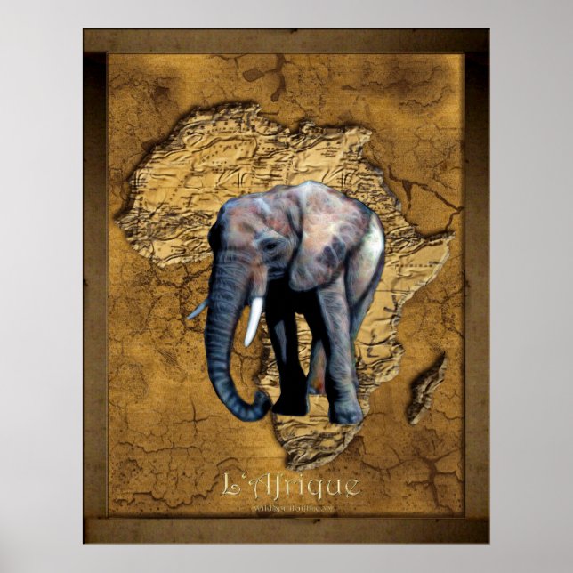 Elephant on Rustic Map of Africa Art Poster (Front)