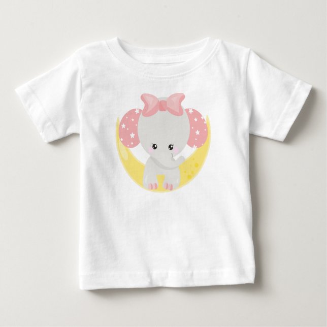 Elephant On The Moon, Cute Elephant, Crown, Stars Baby T-Shirt (Front)