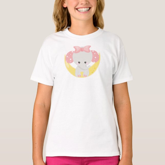 Elephant On The Moon, Cute Elephant, Crown, Stars T-Shirt (Front)