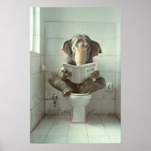 Elephant on Toilet Print Funny Bathroom Wall Art