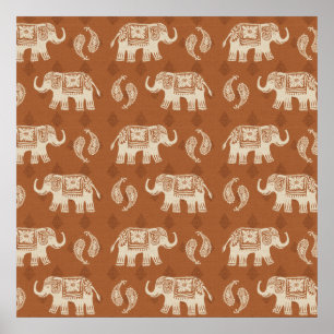 Elephant Orange Caravan Pattern Poster