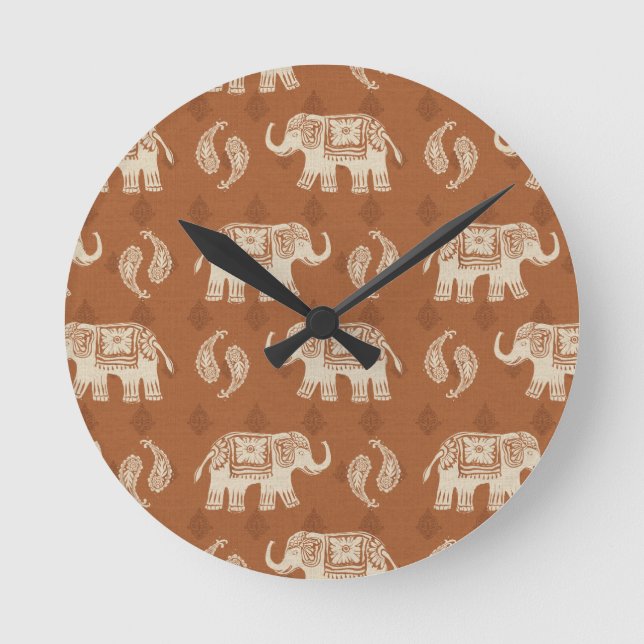 Elephant Orange Caravan Pattern Round Clock (Front)