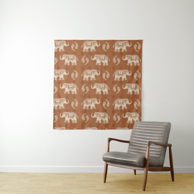 Elephant Orange Caravan Pattern Tapestry (In Situ (Horizontal))