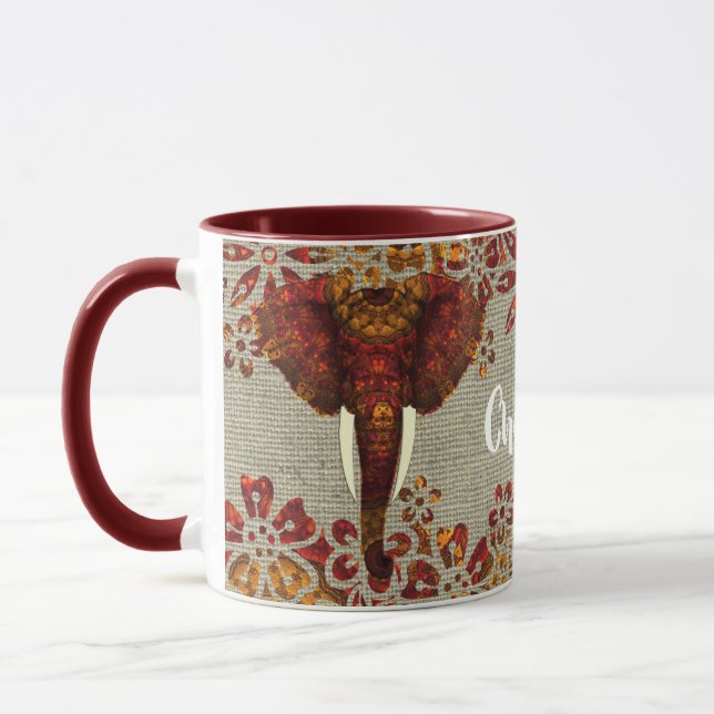 Elephant Ornate Rustic Colours Personalised Mug (Left)