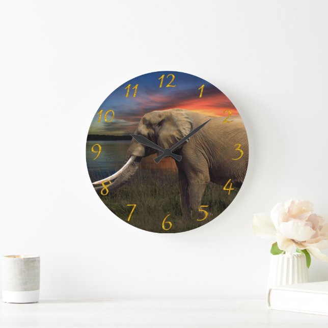 Elephant out in the savannah animal plains  large clock (Home)