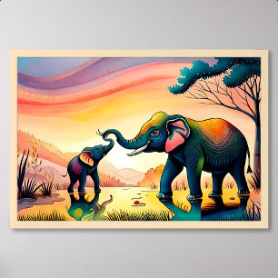 elephant painting india child mother happy life poster
