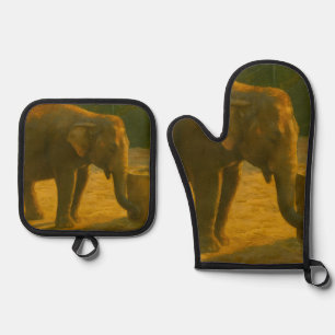 Elephant Pair in Sanctuary Setting Oven Mitt & Pot Holder Set