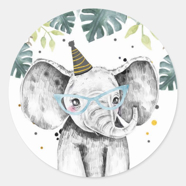 Elephant Party Animals Safari Boy Birthday Cupcake Classic Round Sticker (Front)