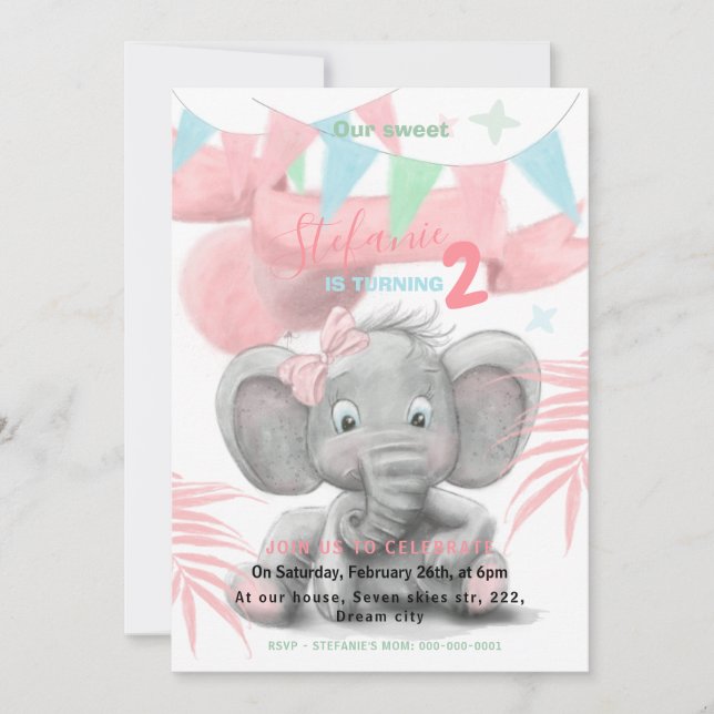 Elephant party girl's birthday invitation (Front)