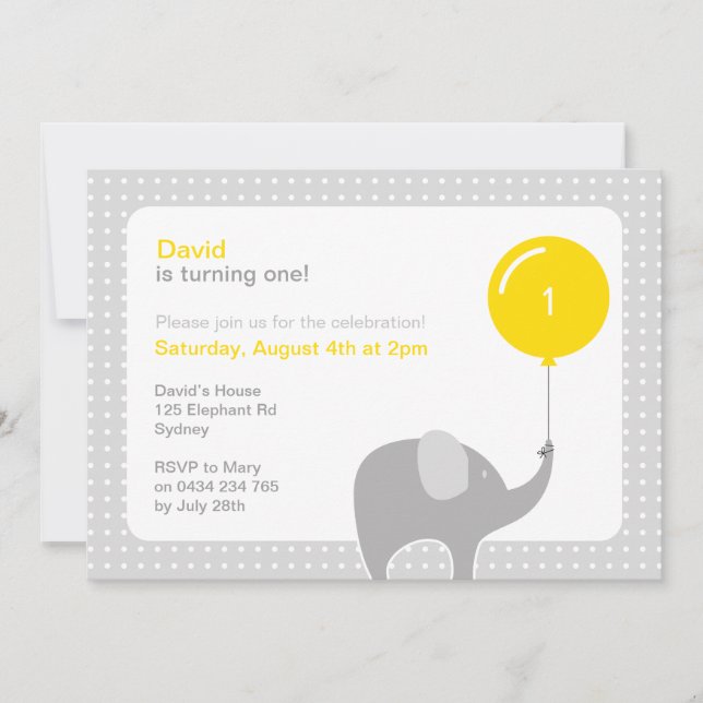 Elephant Party Invitation, Yellow & Grey Invitation (Front)
