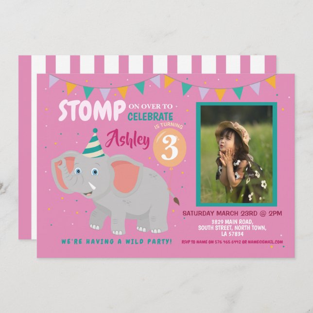 Elephant Party Kids Birthday Photo Pink Invitation (Front/Back)