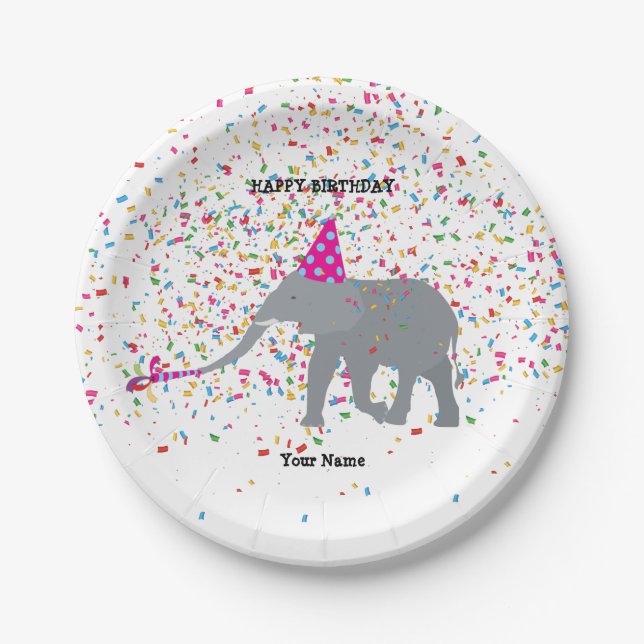 Elephant Partying - Animals at Birthday Party Paper Plate (Front)