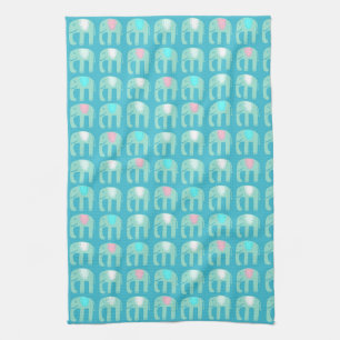 Elephant Pattern Aqua Blue Tea Towel