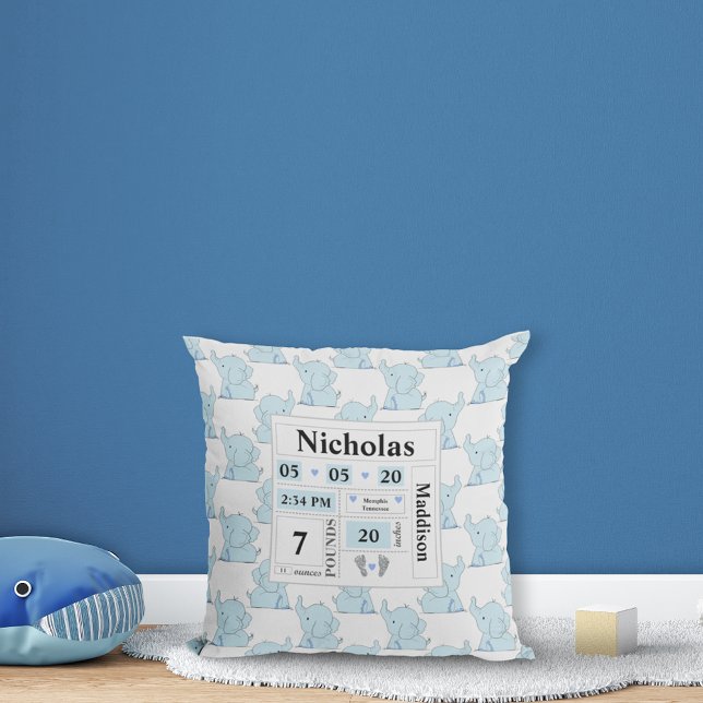 Elephant Pattern Birth Announcement Stats Blue Cushion (Creator Uploaded)