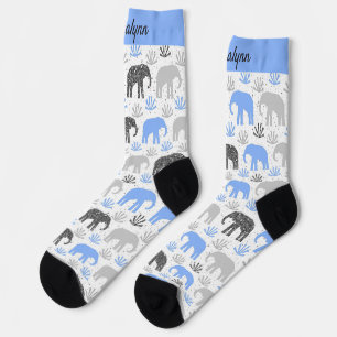 Elephant pattern grey blue glittery with name socks