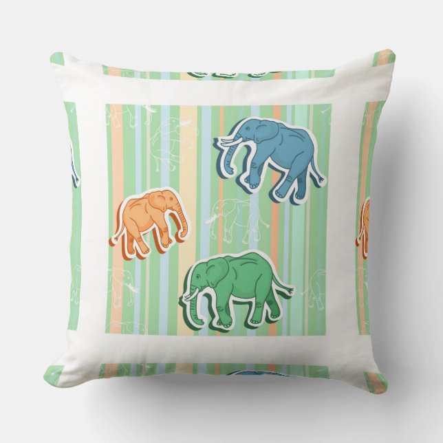 Elephant Pattern On Green Stripes Cushion (Front)